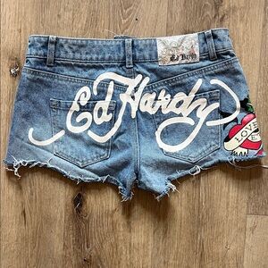 Ed Hardy Distressed Blue Jean Shorts with Graphic Design